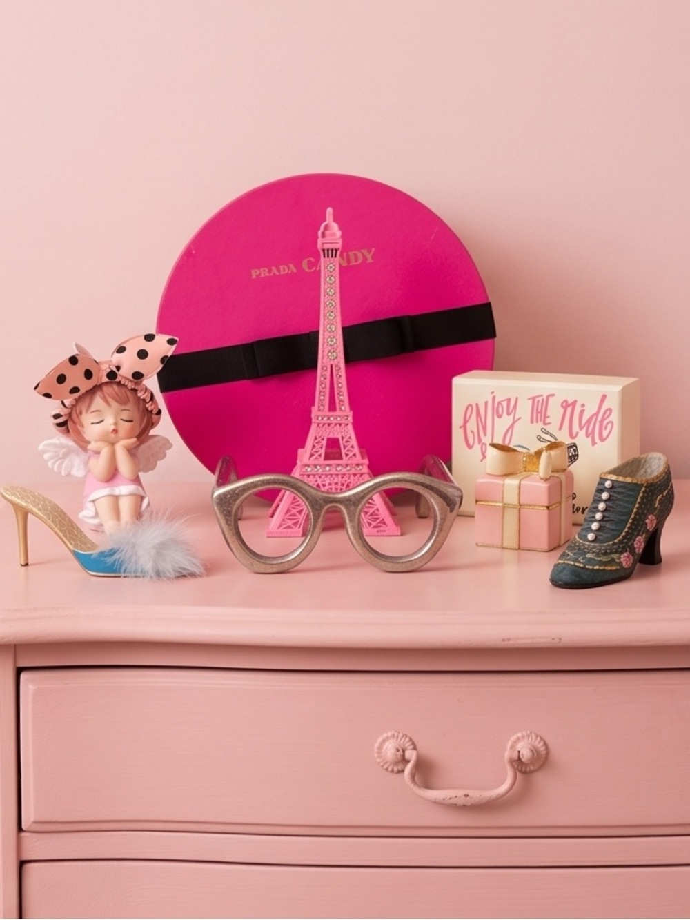 Pink Paris shoes Prada box Decorative room office decor 8 bundle Parisian Accent